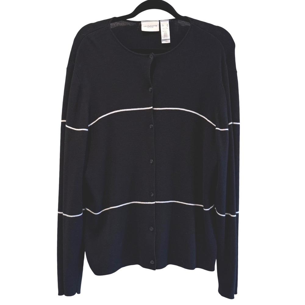 Liz Claiborne Womens‎ Black Cardigan Sweater White Stripe Long Sleeve Size XL